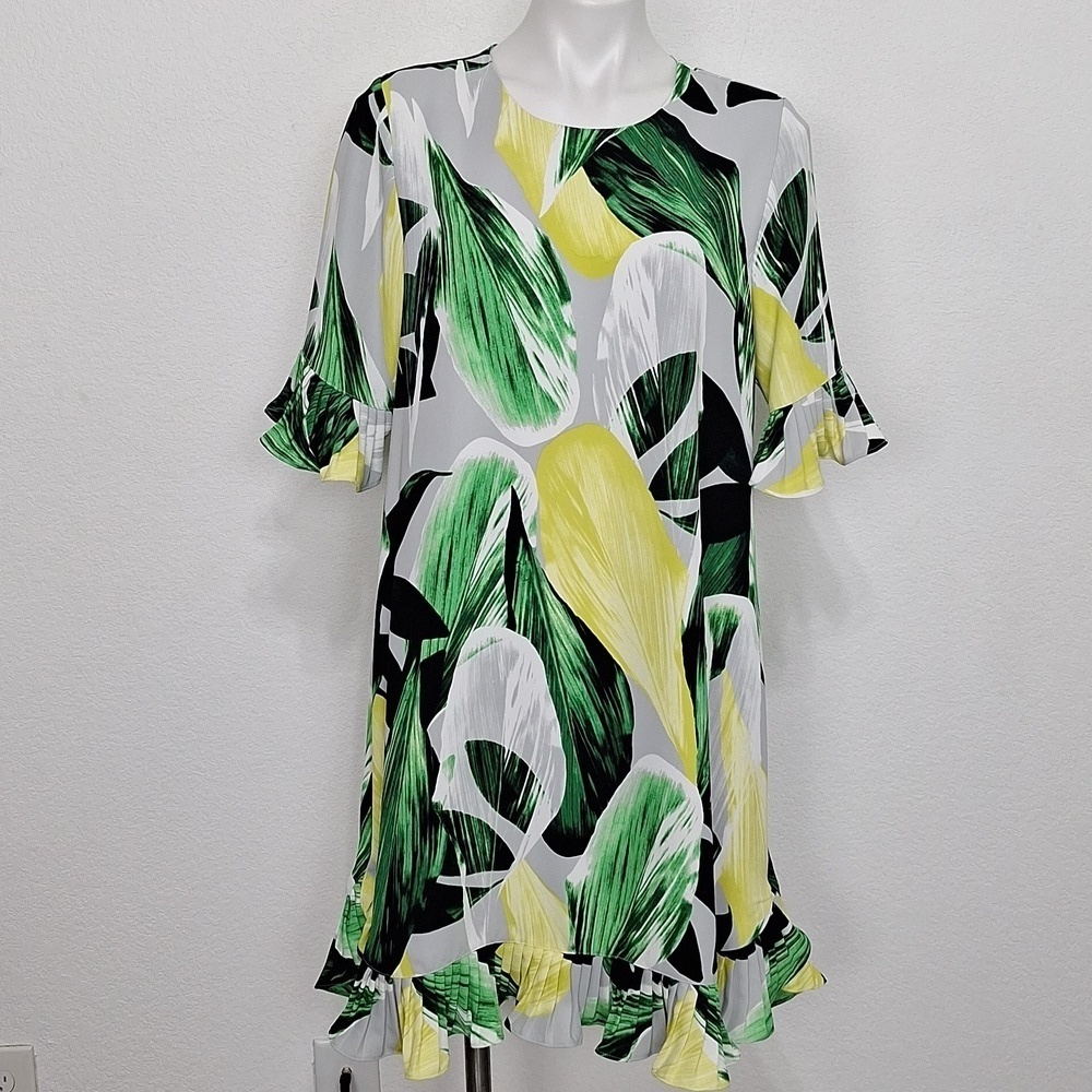Alfani Green Yellow Coquette Cottagecore Leaf Print Pleated Bell Sleeve Top -10